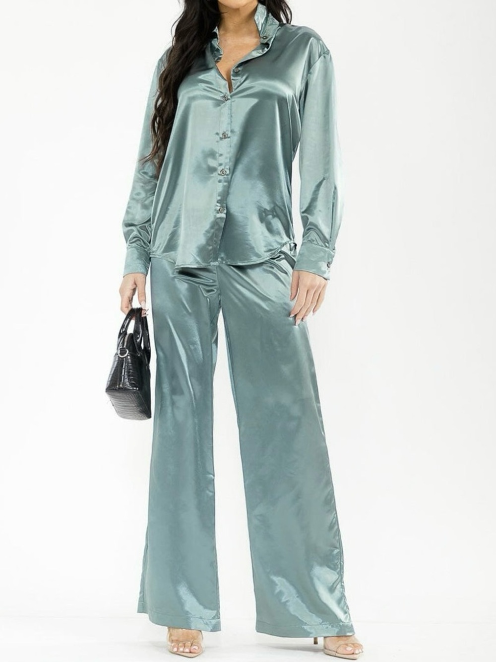 🟠NWT RIVIR 2PC Silky Blouse and Pants Set in Sage